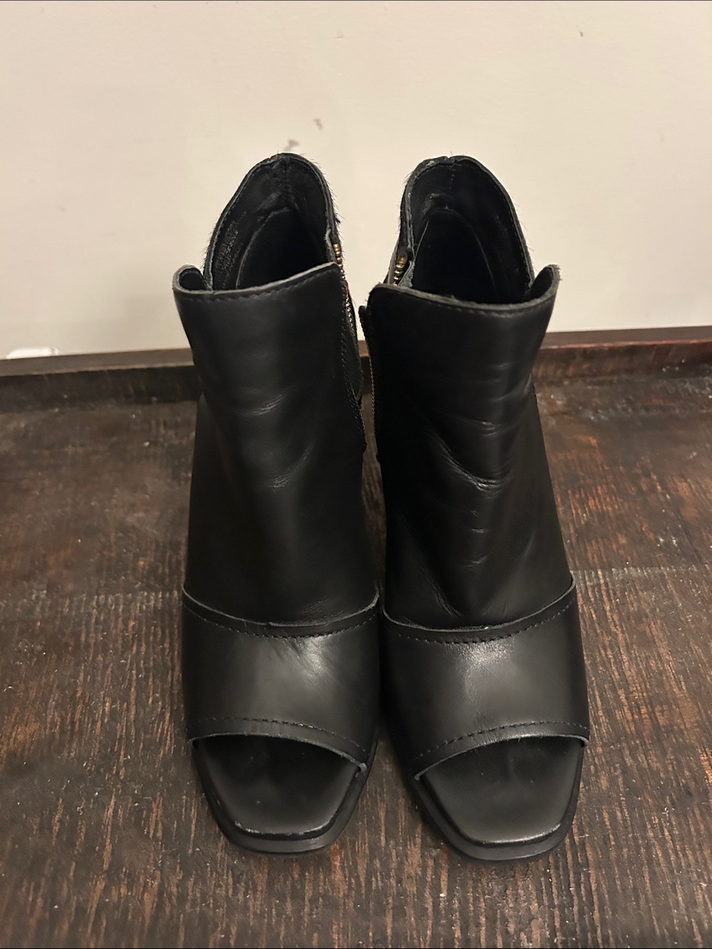 Women's Black Leather Open-Toe Ankle Booties